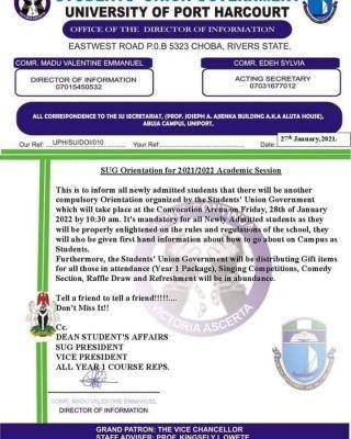 UNIPORT SUG Orientation Exercise for the Session 2021/2022