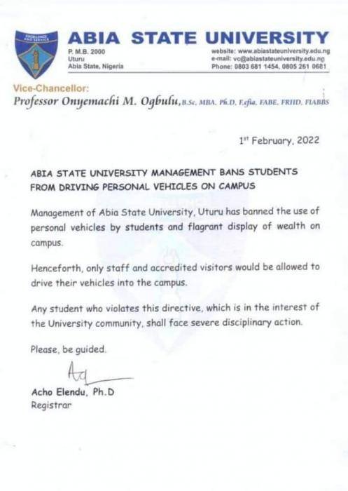 Abia state university bars students from driving cars to school