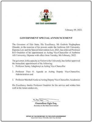  Edo State Governor appoints a new Acting Vice Chancellor for AAU Ekpoma.