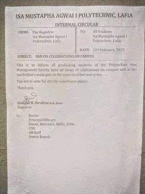 Final year students barred from celebrating on campus by Isa Mustapha Polytechnic.