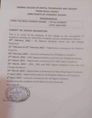 Notice of Resumption of Classes at the Federal College of Dental Technology, 2021/2022