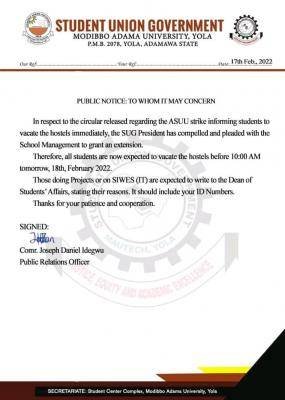 MAUTECH SUG sends out a notification to students to vacate hostels