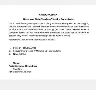 Nasarawa State Teachers Service Commission CBT mop-up exam