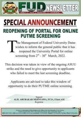 FUDutse reopens its online post-UTME site 