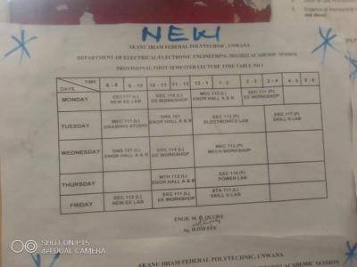 Timetable for the first semester lectures at Akanu ibiam Federal Polytechnic 2021/2022