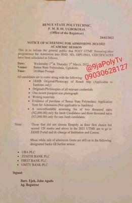 BENPOLY notice on screening exercise for applicants 2022