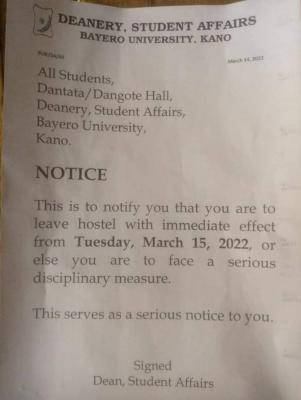 BUK instructs students to vacate the hostel as soon as possible.